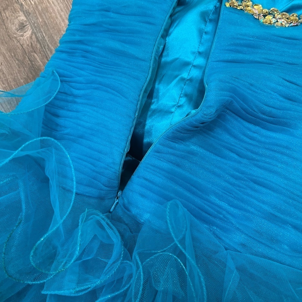 sherri hill 2326 Turquoise size 2 cocktail dress bow Rhinestone Flounce Ruffle - Picture 5 of 15